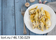 Pasta Conchiglioni with mushrooms in a white plate. Стоковое фото, фотограф Светлана Султанаева / Фотобанк Лори