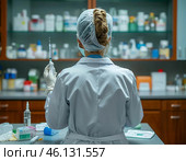 Медсестра готовит шприц к уколу. Стоковое AI-изображение, AI-художник Руслан Лесков / Фотобанк Лори