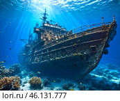Затонувший корабль лежит на океанском дне среди рифов и морских обитателей. Стоковое AI-изображение, AI-художник Артем Мишуков / Фотобанк Лори