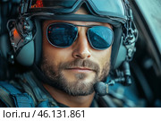 A close-up of a pilot in the cockpit of an aircraft. He wears a tactical helmet with a communications headset and sunglasses that reflect part of the instrument panel or the outside world. He has a masculine face with light stubble and a confident expression. The lighting highlights the texture of his skin, creating an air of determination and professionalism. Details of his equipment, such as the headset, harness, and protective elements, emphasize his readiness for the mission. The image creates a dynamic and realistic impression, conveying the tension and importance of the moment. Стоковое AI-изображение, AI-художник Анна Кривицкая / Фотобанк Лори