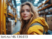 Woman operating forklift in warehouse aisle, surrounded by shelves stacked with packaged goods. Стоковое AI-изображение, AI-художник Владимир Григорьев / Фотобанк Лори