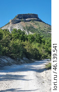 A picturesque Crimean landscape with a dirt road leading to a massive flat-topped rock. This mountain features steep cliffs and layered limestone rocks, which is typical of many Crimean mountain ranges. The lower part of the mountain is covered with dense green trees and bushes, creating a contrast with the dry, rocky slope.Mountain definition:The image probably depicts Mount Kyz-Kermen, one of the notable Crimean flat-topped mountains located near Bakhchisaray. This is an ancient cave settlement, used in the Middle Ages as a fortified settlement. The mountain has expressive rock ledges and grottoes, which can be seen in the photograph. Стоковое фото, фотограф Анна Кривицкая / Фотобанк Лори
