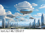A city of the future with a beautiful sky with clouds.Large high-rise buildings. Flying ships for interplanetary travel. Стоковое AI-изображение, AI-художник Александр Поташев / Фотобанк Лори