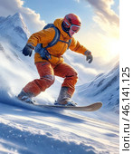 Snowboarding is a winter sport that involves sliding down snowy mountain slopes or performing acrobatic tricks on a specially designed board. Стоковое AI-изображение, AI-художник Сергей Елизарьев / Фотобанк Лори
