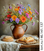 Fresh bread and a bouquet of colorful wild flowers in a clay jug. Country still life. Стоковое AI-изображение, AI-художник Сергей Елизарьев / Фотобанк Лори
