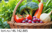 A Woven Basket Filled With Fresh Vegetables Like Broccoli, Carrots, Tomatoes, and Grapes Sits on a Wooden Surface. Стоковое AI-видео, аниматор Sergey Grishin / Фотобанк Лори