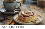 Close-up of a freshly baked cinnamon roll with a steaming hot coffee cup next to it on wooden cafe table. Sweet cinnamon buns American cuisine. Cinnabon with spices and vanilla cream sauce. Breakfast. Стоковое AI-видео, аниматор Марина Демидюк / Фотобанк Лори