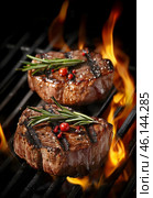 Grilled meat on grill. Flames in the background. AI illustration. Vertical layout. Стоковое AI-изображение, AI-художник Катерина Ковалева / Фотобанк Лори