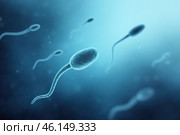 Sperm cells swimming toward fertilization. Стоковое AI-изображение, AI-художник Башкирова Анна / Фотобанк Лори