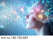 A surreal digital illustration depicting hormonal activity in a woman's body, symbolizing neurotransmitters, emotions, and brain function through glowing energy and neural connections. Стоковое AI-изображение, AI-художник Башкирова Анна / Фотобанк Лори