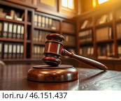 Деревянный молоток на судейском столе. Символ правосудия на фоне полок с документами в зале суда./ Wooden gavel on the judge's table. Symbol of justice against the background of shelves with documents in the courtroom. Стоковое AI-изображение, AI-художник Iva Noel / Фотобанк Лори