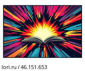 Крупным планом картина в рамке: открытая книга с ярким фоном в стиле попарт. Стоковое AI-изображение, AI-художник Анастасия / Фотобанк Лори