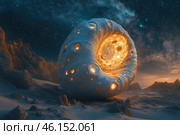 A fantastic image in the style of science fiction or surrealism. It depicts an alien or space landscape with a giant organic or technological structure resembling a sphere or torus with numerous holes from which a bright golden glow emanates. The structure appears to be an alien artifact or living organism, perhaps a stellar portal or mysterious mechanism. The night sky is strewn with stars, creating the feeling of a distant and unknown world. The landscape resembles a desert or icy surface, with rocky mountains and sand. Стоковое AI-изображение, AI-художник Анна Кривицкая / Фотобанк Лори