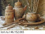 Traditional oriental tea arrangement with exquisite painted teapots, jars and serving items, made in an old Asian style. All decorative elements are richly decorated with patterns, images of mythical creatures and scenes from life. In the center stands a painted teapot, next to it is a tall jar with a lid, perhaps for storing tea or spices. In the background are thick bamboo stems, creating an atmosphere of oriental coziness and harmony. The whole scene is decorated in warm, golden-brown shades, giving the image an antique and traditional character. Стоковое AI-изображение, AI-художник Анна Кривицкая / Фотобанк Лори