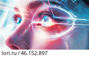 A woman gazes into the digital future with augmented reality enhancements around her vivid blue eyes. Стоковое AI-изображение, AI-художник Александр Довянский / Фотобанк Лори