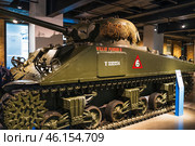 M4A4 Sherman Tank at Imperial War Museum - WWII Armored Vehicle. London, UK, 9 July 2023. Редакционное фото, фотограф Zydrius Tartenis / Фотобанк Лори