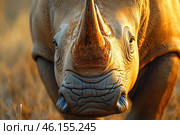A close-up of a rhinoceros looking straight at the camera. Its massive horn is covered in a layer of dust, which emphasizes the animal's ruggedness and endurance. The wrinkled skin, large nostrils and expressive eyes create a powerful visual impression. The background consists of golden hues of the savannah, illuminated by warm sunlight, which makes the image especially atmospheric. Стоковое AI-изображение, AI-художник Анна Кривицкая / Фотобанк Лори