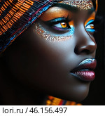 Expressive portrait of a woman with dark skin, decorated with bright artistic makeup. Her eyes are emphasized with gold, blue and purple shadows, complemented by shining glitter, creating the effect of a scattering of stars. The lips are covered with metallic lipstick with a gradient of blue, silver and burgundy shades. A beaded headdress, woven into a complex pattern, harmoniously complements the image, combining traditional motifs with futuristic aesthetics. Overall, the image conveys beauty, strength and mystery, creating an atmosphere of art and ethnic fashion. Стоковое AI-изображение, AI-художник Анна Кривицкая / Фотобанк Лори