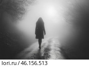 A lone female figure walking along a winding road shrouded in thick fog. The woman's silhouette is dark, contrasting with the diffused light, creating an atmosphere of mystery and enigma. On both sides of the road, trees with bare branches are visible, adding gloom to the scene. Wet asphalt reflects the light, which enhances the effect of depth and mysticism. The overall composition evokes feelings of loneliness, reflection and the unknown. Стоковое AI-изображение, AI-художник Анна Кривицкая / Фотобанк Лори