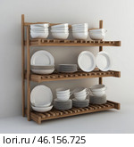 Wooden open shelf for dishes, made in a minimalist style. White ceramic plates, cups and bowls are neatly arranged on the shelves. The design of the structure is simple and functional, with slots for convenient placement of dishes. The overall style of the interior is Scandinavian or modern minimalism, where natural materials and light colors prevail. Стоковое AI-изображение, AI-художник Анна Кривицкая / Фотобанк Лори