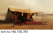 The atmosphere of an oriental oasis or a nomadic camp in the desert. In the center of the stage is a large beige and gold tent decorated with traditional patterns and fabrics. Inside, you can see cozy pillows, rugs and candles, creating a feeling of warmth and coziness. Outside, objects such as a hookah, shoes and decorative elements are scattered on the sand, adding to the realistic feel of the scene. The distant background with dunes and sand hills enhances the feeling of isolation and serenity. The color palette is done in warm tones: shades of sand, ochre and red, creating a harmonious combination with the surrounding landscape. Стоковое AI-изображение, AI-художник Анна Кривицкая / Фотобанк Лори
