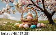 The concept of a bright Easter holiday. Beautiful background with Easter eggs in a wicker basket and spring cherry blossoms. Стоковое AI-изображение, AI-художник Photojuli / Фотобанк Лори