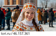 A banner for the Carnival holiday with space to copy. A girl in a traditional costume in close-up at Russian festivities. Стоковое AI-изображение, AI-художник Photojuli / Фотобанк Лори