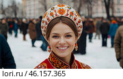 A banner for the Carnival holiday with space to copy. A girl in a traditional costume in close-up at Russian festivities. Стоковое AI-изображение, AI-художник Photojuli / Фотобанк Лори