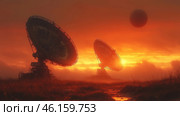 Massive radio telescopes (satellite dishes) pointed towards the sky against a stunning sunset. Red, orange and gold hues create a dramatic and futuristic atmosphere. In the distance, a mysterious black spherical object is visible in the sky, adding a sci-fi and mysterious touch to the scene. The landscape consists of dry grass and damp earth, reflecting the warm light of the setting sun. The atmosphere is filled with mystery, as if the antennas are picking up a signal from the depths of space. Стоковое AI-изображение, AI-художник Анна Кривицкая / Фотобанк Лори