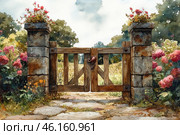 An old wooden gate leading to a sunlit garden or meadow. The gate is made of roughly hewn planks and is fixed between two massive stone pillars decorated with flowering plants. On either side grow lush bushes with bright pink flowers. Beyond the gate opens a green field with trees on the horizon, creating an atmosphere of coziness, tranquility and nature.The image is done in a watercolor style, with soft color transitions and fine detailing, which gives it a romantic and rustic charm. Стоковое AI-изображение, AI-художник Анна Кривицкая / Фотобанк Лори
