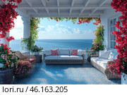 A beautiful terrace overlooking the endless sea. The space is decorated in a Mediterranean style: white columns, a covered veranda, wicker furniture with soft pillows and bright decorative elements. Bright flowering plants grow around the terrace, including red bougainvillea, twining around the columns and walls. Sunlight floods the space, creating a feeling of coziness, relaxation and a luxurious holiday on the coast. Стоковое AI-изображение, AI-художник Анна Кривицкая / Фотобанк Лори