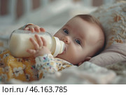 A newborn comfortably holds a bottle, drinking milk while nestled in soft blankets, showcasing the tender moments of infancy during the day. Стоковое AI-изображение, AI-художник Sergey Grishin / Фотобанк Лори