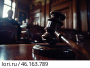 In a historic courtroom, a woman stands confidently during a justice trial, surrounded by an attentive audience in the afternoon light. Стоковое AI-изображение, AI-художник Sergey Grishin / Фотобанк Лори