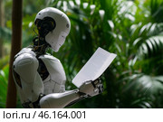 Humanoid robot studies a document in a lush green environment during daylight hours. Стоковое AI-изображение, AI-художник Sergey Grishin / Фотобанк Лори