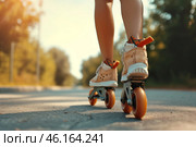 A woman enjoys summer inline skating on a sunny path with vibrant greenery in the background, showcasing her stylish roller skates. Стоковое AI-изображение, AI-художник Sergey Grishin / Фотобанк Лори