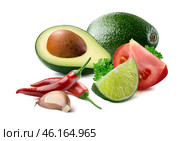 Guacamole ingredients, avocado, garlic, lime, chili, tomato isolated on white backgound. Стоковое фото, фотограф Катерина Ковалева / Фотобанк Лори
