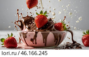 A creative cooking template. A close-up of strawberries with milk and chocolate, a milkshake, a yogurt smoothie with liquid droplets. Стоковое AI-изображение, AI-художник Photojuli / Фотобанк Лори
