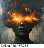 A portrait of a woman's face, done in a dark and expressionistic manner. The face is realistically drawn, but its upper part seems to be consumed by fire, creating the effect of burning eyes and flames flying in all directions. The dark background and streaks of paint enhance the feeling of destruction, anger, pain or a transcendental state.This image can be interpreted as a symbol of internal struggle, emotional burnout, rage or catharsis. The flames symbolize destruction, rebirth, passion or something supernatural. The contrast of cold and warm tones gives the image tension and drama. Стоковое AI-изображение, AI-художник Анна Кривицкая / Фотобанк Лори