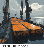 Cargo ship in digital painting style. The deck is covered with bright orange containers, which contrasts with the dark gray hull of the ship. Massive cranes rise above the deck, creating an industrial and futuristic atmosphere.In the background, you can see the open ocean with waves reflecting the sunlight, and in the sky, there are massive clouds, giving the scene an epic feel. The color scheme mainly consists of gray, black and orange shades, which emphasizes the industrial style.The overall impression is that the scene looks grandiose, powerful and technological, creating a sense of transport logistics and global transportation. Стоковое AI-изображение, AI-художник Анна Кривицкая / Фотобанк Лори
