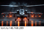 A powerful combat helicopter, probably an attack type, parked on a wet runway on a rainy night. The machine is equipped with modern weapons, including missiles and cannons, with lighting that creates an atmosphere of tension and combat readiness. There is darkness all around, only flashes of lights reflect on the wet surface. Raindrops and dark clouds enhance the dramatic effect, making the scene dynamic and tense. Стоковое AI-изображение, AI-художник Анна Кривицкая / Фотобанк Лори