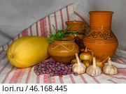 Натюрморт. Лук, чеснок, фасоль, кабачок, сушенный красный перец. Старая глиняная посуда (кувшины, горшок). Стоковое фото, фотограф Зинаида Никитенко / Фотобанк Лори