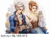 An elegant couple enjoying tea in the style of 18th century European aristocracy. The man is wearing a luxurious blue waistcoat with gold embroidery and a lace shirt, and the woman is wearing a corset dress with puffy sleeves, with an exquisite hairstyle. They are holding cups and a teapot, their poses are graceful, and their facial expressions convey aristocratic calm. The painting is done in watercolor with soft flowing shades, creating an atmosphere of coziness and antiquity. Стоковое AI-изображение, AI-художник Анна Кривицкая / Фотобанк Лори