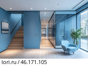 A modern, minimalist space in cool blue tones. The interior is dominated by glass partitions, creating a feeling of an open and bright room. On the right is a stylish light blue armchair, next to which stands a tall green palm tree in a decorative pot. A staircase with wooden steps and built-in lighting leads to the upper floor, and on the wall hangs a black and white abstract painting. In the back of the room, you can see an office space with modern design elements. Panoramic windows let in plenty of natural light and open up a view of the street, which enhances the feeling of space and harmony. Стоковое AI-изображение, AI-художник Анна Кривицкая / Фотобанк Лори