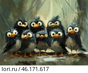 A group of seven funny sparrows with comically frightened or surprised expressions on their faces. Their large bulging eyes and ruffled feathers create a sense of surprise or mild panic. The painting is done in a digital painting style with imitation brush strokes, which gives it an artistic effect. The background depicts a blurred forest or dense grove, creating an atmosphere of a wild natural environment. Стоковое AI-изображение, AI-художник Анна Кривицкая / Фотобанк Лори