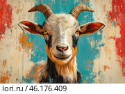 A portrait of a goat in a bright and stylish artistic execution. The head of the animal occupies the central part of the composition, the background consists of abstract, textured brushstrokes of red, blue and beige colors, reminiscent of aged wood or an old wall with peeling paint.The goat is depicted with high detail, its fur is drawn with smooth and contrasting lines, emphasizing the structure of the fur. The eyes are expressive and intent, with a slight hint of cunning or curiosity. Sharp, curved horns give the character a majestic appearance, and the ears are wide apart, creating a balance of the composition.Overall, this is a bright, energetic image that combines realism and abstract artistic elements, creating an effect of dynamism and liveliness. The painting can symbolize stubbornness, independence, charisma and vitality. Стоковое AI-изображение, AI-художник Анна Кривицкая / Фотобанк Лори