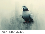 An urban pigeon in a surreal and minimalist style. The background is made in blurred gray and beige tones, creating a feeling of emptiness and silence. The outlines of skyscrapers and buildings can be guessed in the background, but they seem to dissolve in the fog.The pigeon itself is clearly detailed: the feathers are carefully drawn, the neck has a characteristic gradient with a dark purple tint, and the eyes stand out in a bright red color, which gives it a mysterious, almost hypnotic look. The contrast between the realistic bird and the blurred background creates an effect of loneliness and urban alienation. Стоковое AI-изображение, AI-художник Анна Кривицкая / Фотобанк Лори