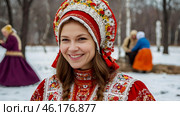 A banner for the Carnival holiday with space to copy. A girl in a traditional costume in close-up at Russian festivities. Стоковое AI-изображение, AI-художник Photojuli / Фотобанк Лори
