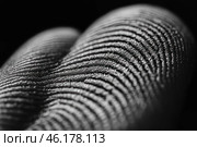 A highly detailed macro image of a fingerprint. The sinuous lines of the papillary patterns create a unique pattern that highlights the texture of the skin. Lighting and shadows add volume to the surface, highlighting the smallest details, including microscopic particles on the skin.The contrasting black and white style adds drama to the image and focuses attention on the pattern. The deep black background makes the texture of the print even more expressive, creating an effect of mystery and scientific research.This image can be associated with the topics of biometrics, identification, forensics and high-tech research. Стоковое AI-изображение, AI-художник Анна Кривицкая / Фотобанк Лори