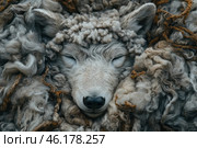 Wolf with its eyes closed, as if it were sleeping or at rest. However, its fur is carefully disguised as sheep's wool, creating the illusion that it is a sheep. This artistic image refers to the well-known expression "a wolf in sheep's clothing", symbolizing a hidden threat, deception and duplicity. The texture of the wool is detailed and looks very realistic, with soft curls and rough threads.The color scheme is warm and natural, including various shades of gray, brown and beige. The wolf is surrounded by a thick layer of sheep's wool, creating an atmosphere of coziness, but at the same time conveying a hidden meaning of anxiety and camouflage. Стоковое AI-изображение, AI-художник Анна Кривицкая / Фотобанк Лори