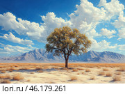 Landscape painting style depicting a desert area with a lone tree in the foreground. The tree, with green leaves, stands in the middle of a sandy wasteland surrounded by dry grass. In the background, mountains rise and the sky is painted in bright shades of blue, with fluffy clouds, creating an atmosphere of spaciousness and silence. The painting is done with bright brushstrokes, which gives the painting dynamism and artistic expressiveness. Стоковое AI-изображение, AI-художник Анна Кривицкая / Фотобанк Лори